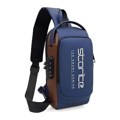 Storite Crossbody Sling Bag for Men & Women, Blue/Brown, 17x9x32 cm at ₹499