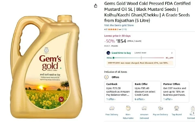 Gems Gold Wood Cold Pressed Mustard Oil (5L) at ₹854