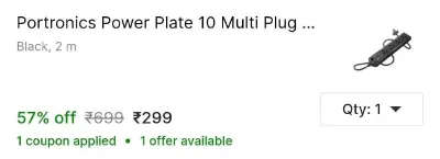 Portronics Power Plate 10 Multi Plug 1500W 4 Socket Extension Boards at ₹299