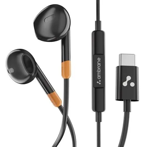 Ambrane Wired Type C in Ear Earphones with in-line Mic for Clear Calling, 1.2M Cable, 14mm Dynamic Drivers for BoostedBass, Multi-Functional at ₹199