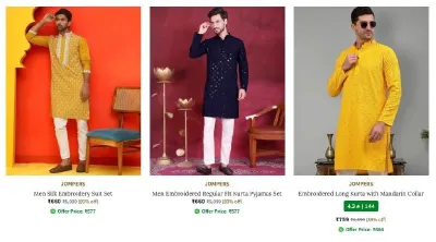 JOMPERS Men's Kurta & Pyjamas Set at minimum 90% Discount