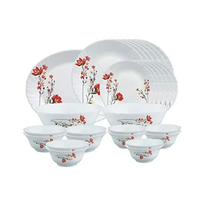Larah by Borosil Chrys Red Opalware Dinner Set, 27 Pcs, White at ₹1,634