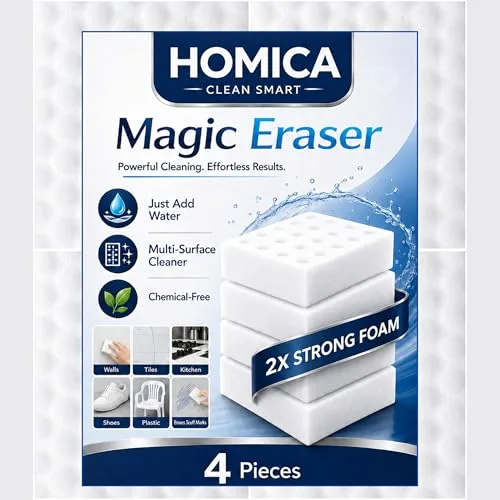 Pack of 4 Homica Magic Eraser Cleaning Sponge | Chemical-Free Multi-Purpose Cleaning Sponge | Just Add Water | Removes Marks, Stains | for K at ₹94