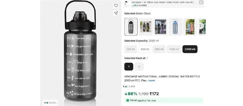Motivation Water Bottle 2L at ₹173