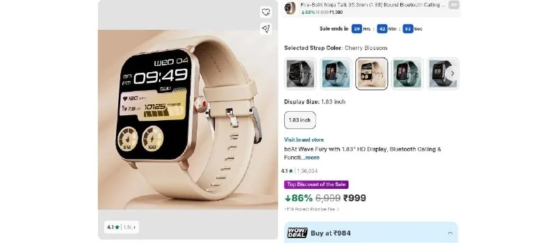 boAt Wave Fury with 1.83'' HD Display Smartwatch at ₹999