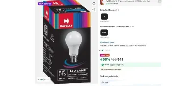 HAVELLS 9 W Basic Round B22 LED Bulb at ₹48