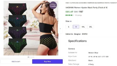Women Hipster Black Panty (Pack of 4) at ₹187