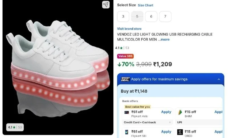 Vendoz LED Glowing USB Rechargeable Sneakers for Women (White) at ₹1,209