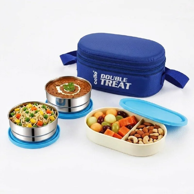 CELLO Double Treat Set of 3 Pcs Lunch Box for Office Use with Jacket Blue at ₹268