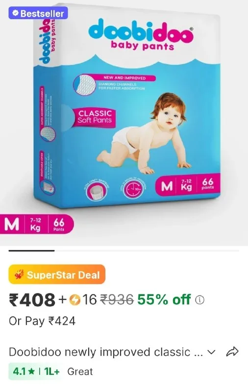 Doobidoo newly improved classic soft diaper anti - leak highly absorbent baby pant 7 - 12 kg - m at ₹408