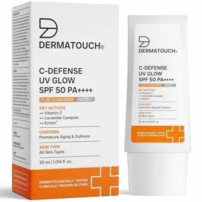 DERMATOUCH C-Defense SPF 50 PA++++ Fluid Sunscreen with Vitamin C & Ceramides | Broad Spectrum | For Premature Aging, Dullness & Sunburn | Z at ₹141