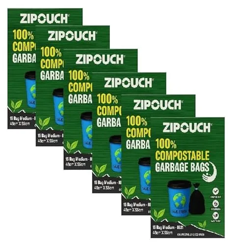 ZIPOUCH Compostable Garbage Covers Medium Size 19x21 Inches | 75 Bags (5 Packs of 15) | Dustbin Covers, Bin Bag, Garbage Bag Medium Size, Tr at ₹129