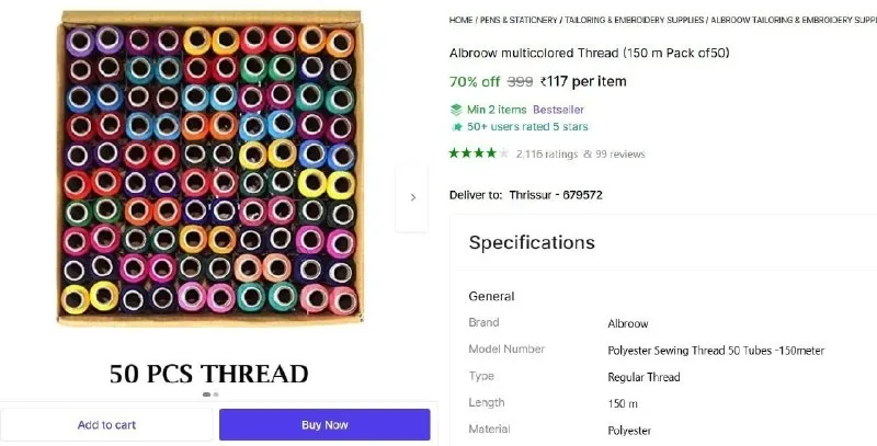 Thread (150 m, Pack of 50) at ₹117