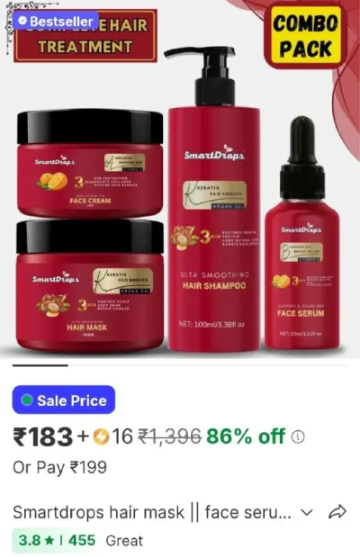 Smartdrops hair mask face serum face cream || shampoo for hair growth and skin care at ₹183