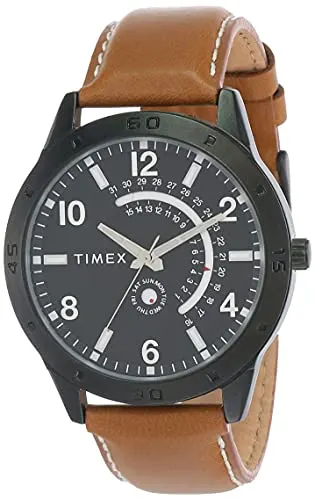 TIMEX Analog Watch for man with Black Round Dial & Brown Leather Strap Band Water Resistant Men's Wrist Watches - TW000U928 at ₹1,748