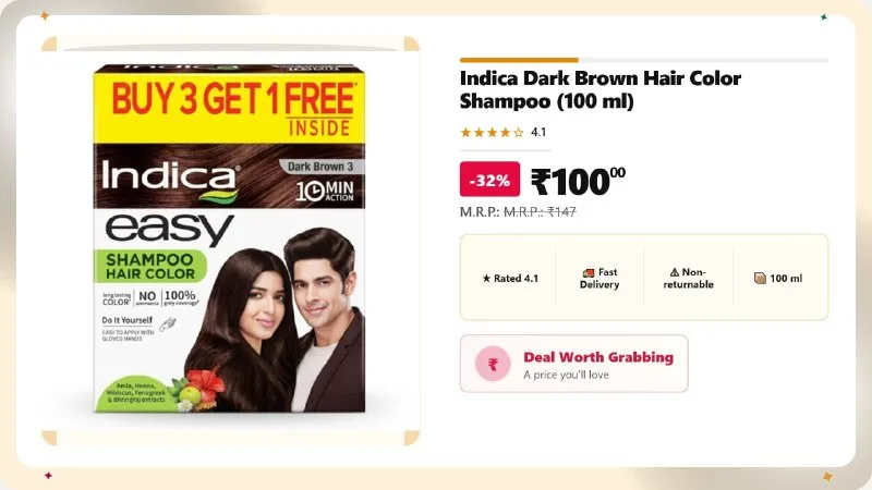 Indica Dark Brown Hair Color Shampoo (100 ml) at ₹100
