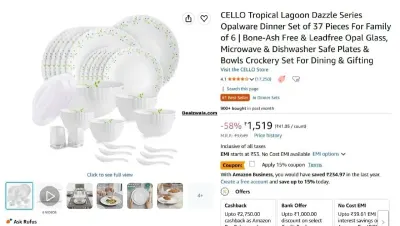 Cello Opalware Dinner Set of 37 Pieces at ₹1,291