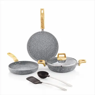 Amazon Basics Granite Finish Non Stick 5 Pcs Induction Base Cookware Set-Granito Grey at ₹2,999
