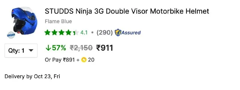 STUDDS Ninja 3G Double Visor Motorbike Helmet at ₹959