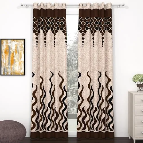 Door Curtains 9 Feet Set of 2, Abstract Brown & Beige at ₹229