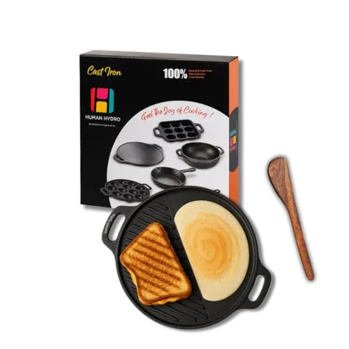 Human Hydro Himalayan Stone Grill Tawa (30CM, 2-in-1) with Wooden Spatula | Iron-Rich Natural Stone | Reversible Flat & Grill Surface | Toxi at ₹882