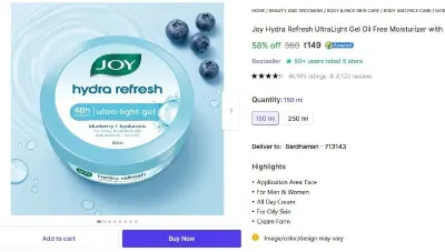 Joy Hydra Refresh UltraLight Gel Oil Free Moisturizer (150 ml) at ₹149