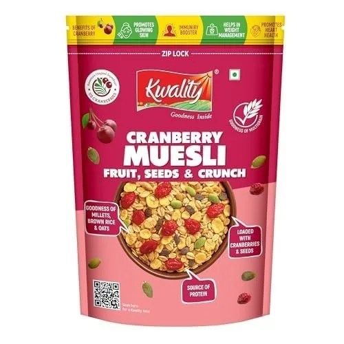 Kwality Muesli Cranberry, Fruits, Seeds & Crunch 400g | 69% MultiGrains Mix | Goodness Millets Brown Rice & Oats | High-Fibre, Protein-Rich  at ₹185