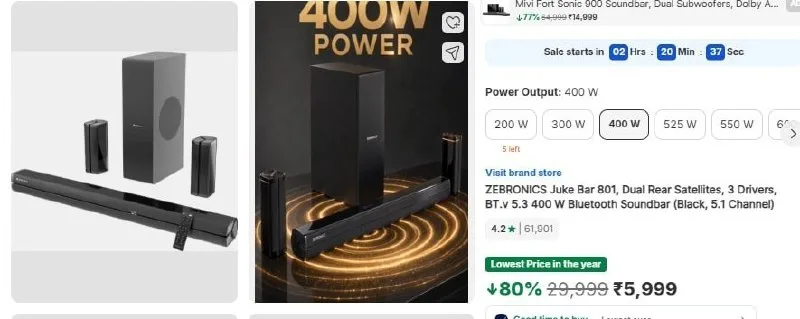 ZEBRONICS Juke Bar 801, 400 W Bluetooth Soundbar at ₹5,999