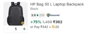 HP Laptop Backpack 30L at ₹362