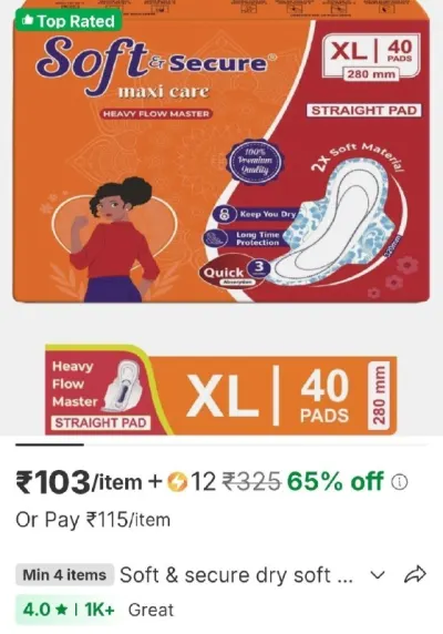 Soft & secure dry soft & rash free xl size with 3 seconds absorption for heavy flow sanitary pad at ₹103