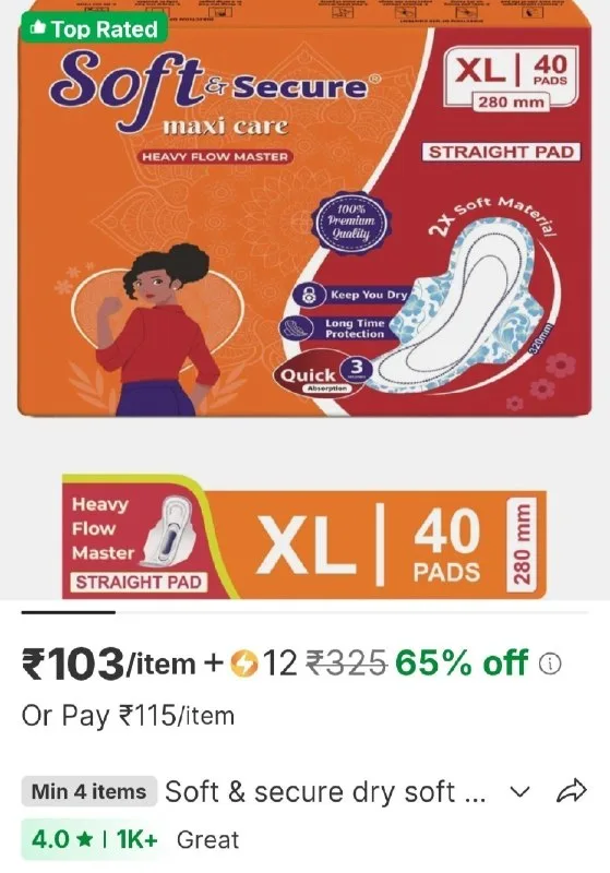 Soft & secure dry soft & rash free xl size with 3 seconds absorption for heavy flow sanitary pad at ₹103
