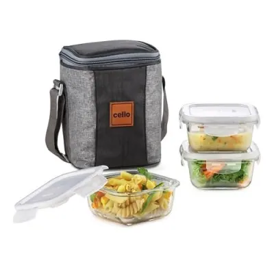 CELLO Glassy Square Lunch Box Set of 3 Pcs (320ml x 3) with Jacket For Office, Transparent | Microwave Safe Leadfree Toughened Glass, Airtig at ₹549