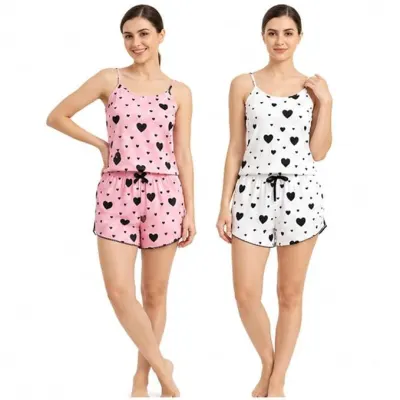 (Pack of 2) Women Heart Print Cami Top and Shorts Nightwear Set at ₹499