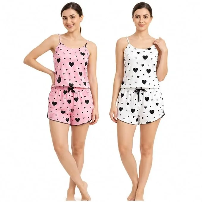 (Pack of 2) Women Heart Print Cami Top and Shorts Nightwear Set at ₹499