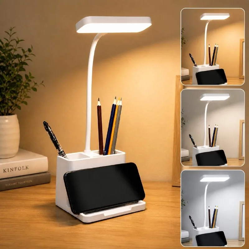 FLYNGO Plastic 3 Color Mode Led Study Table Desk Lamp For Students With Pen & Phone Holder, Rechargeable Touch On/Off Studying (204White) at ₹321