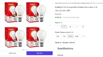 EVEREADY 9 W Standard B22 LED Bulb,Pack of 4 at ₹177