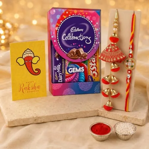 Rakhi Gift for Brother Bhabhi with Cadbury Celebration Chocolates Pack, Rakhi Gift for Bhaiya Bhabhi with Rakshabandhan Greeting Card, Stone at ₹89