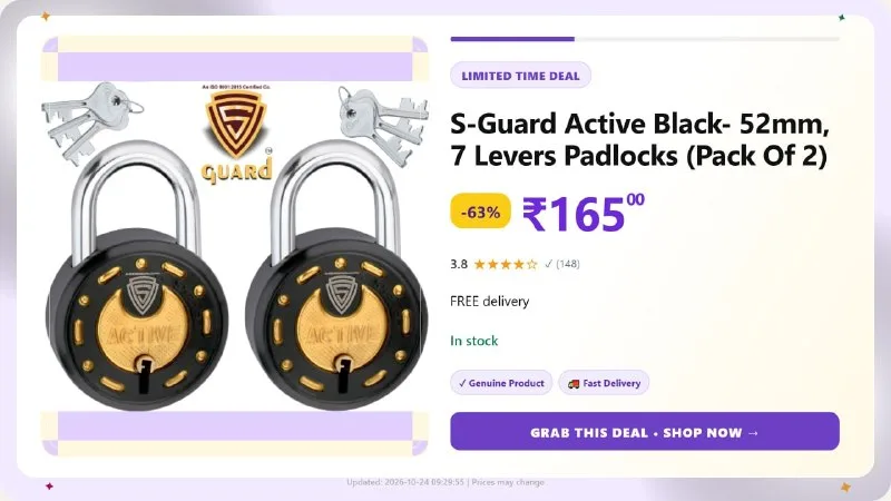 S-Guard Active Black- 52mm, 7 Levers Padlocks (Pack Of 2) at ₹165