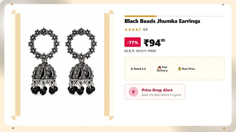 Black Beads Jhumka Earrings at ₹94
