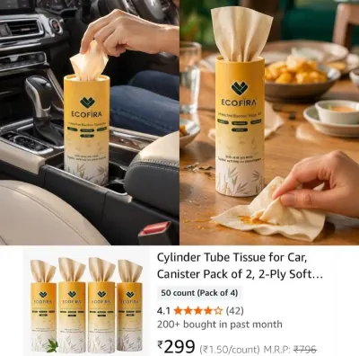 Ecofira Bamboo Tissue Circular Box for Car, Pack of 4 (50 Pulls Each) at ₹299