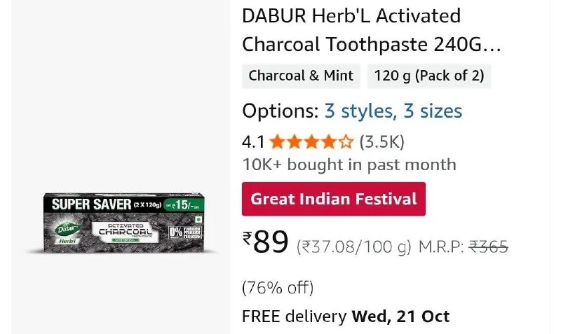 DABUR Herb'L Activated Charcoal Toothpaste (120g x 2) at ₹89