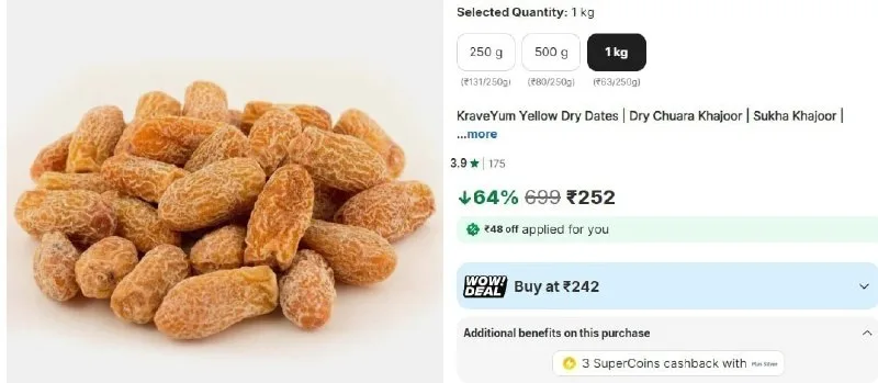Yellow Dry Dates, 1 Kg at ₹252
