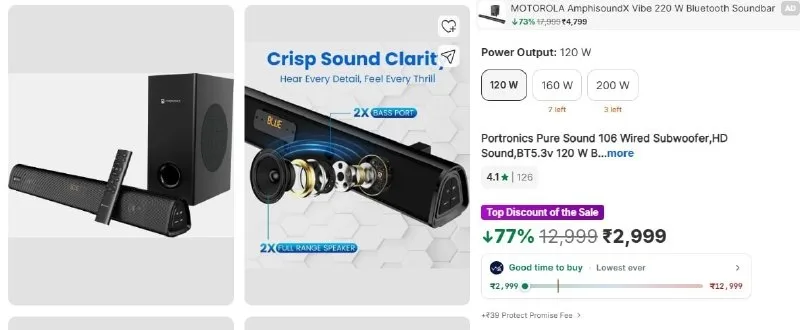 Portronics Pure Sound 106 120W 2.1 Soundbar at ₹2,999