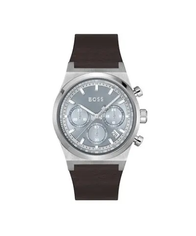 BOSS Candor Chrono Qtz Fashion Chrono Ice Blue Round Dial Men's Watch|Brown Leather Material|Brown Color Band - 1514219 at ₹7,871