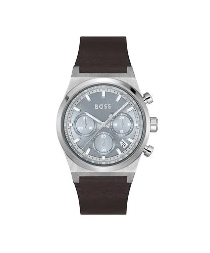 BOSS Candor Chrono Qtz Fashion Chrono Ice Blue Round Dial Men's Watch|Brown Leather Material|Brown Color Band - 1514219 at ₹7,871