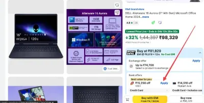 DELL Alienware 16 Aurora (i7 14th Gen) Microsoft Office Home 2024 Intel Core 7 - 83320 at ₹1,49,740