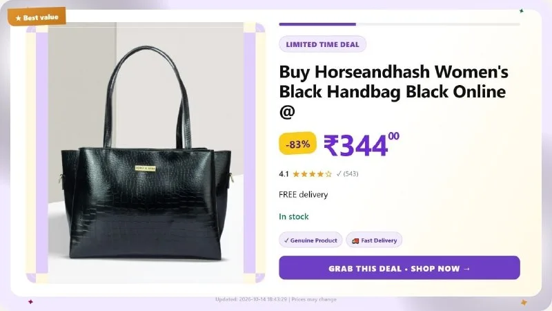 Women's Black Handbag at ₹344