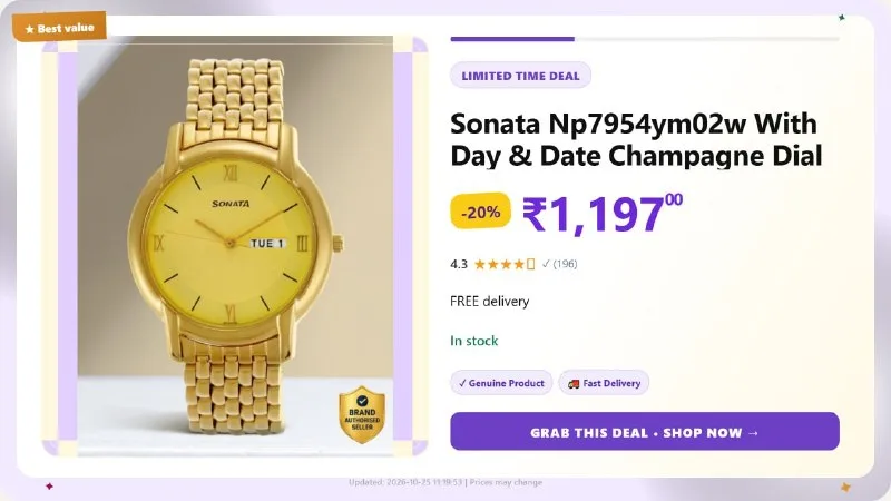 SONATA Gold MetalStrap Analog Watch at ₹1,197
