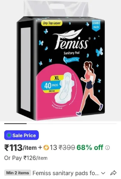 Femiss sanitary pads for women and girls trifold pad (xl - size, 290 mm) (40 pads each) sanitary pad at ₹113