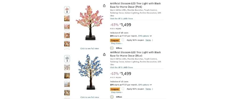 Artificial Blossom LED Tree Light with Black Base (Pink & Blue) at ₹749